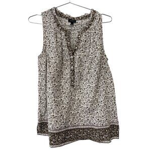 Talbots Top Size Medium Floral Sleeveless White Brown Lightweight Boho Cottage